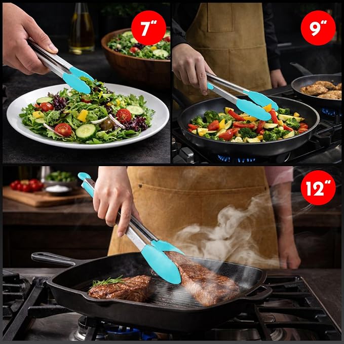 Kitchen Tongs - 12, 9 & 7 Inch Locking Silicone Tongs for Cooking, Set of 3 | Aqua Tongs with Silicone Tips, Heat Resistant Tongs for Grilling, Serving, Mixing - Image 7