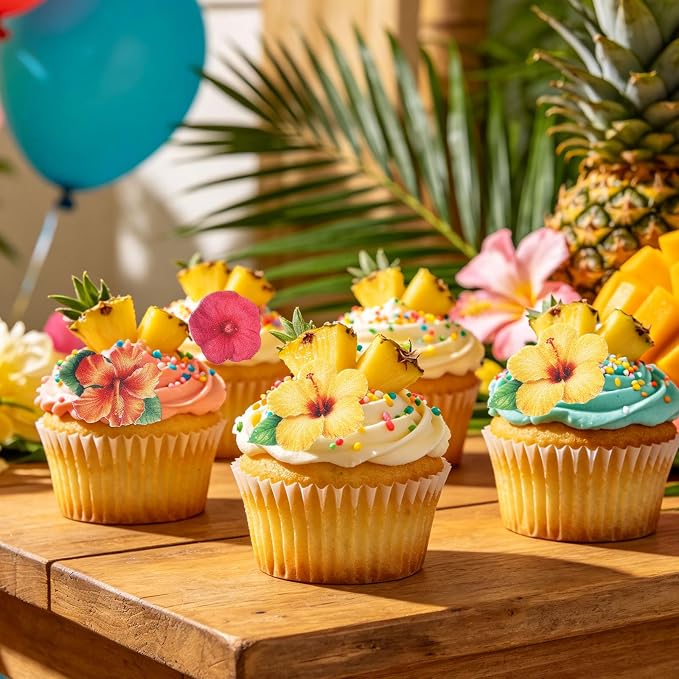 280pcs Edible Hawaiian Cake Decorations, Hawaiian Tropical Design Glutinous Rice Paper Edible Flower Cupcake Decor with 40 Patterns for Summer Birthday Party Baking Supplies (Multicolor) - Image 4