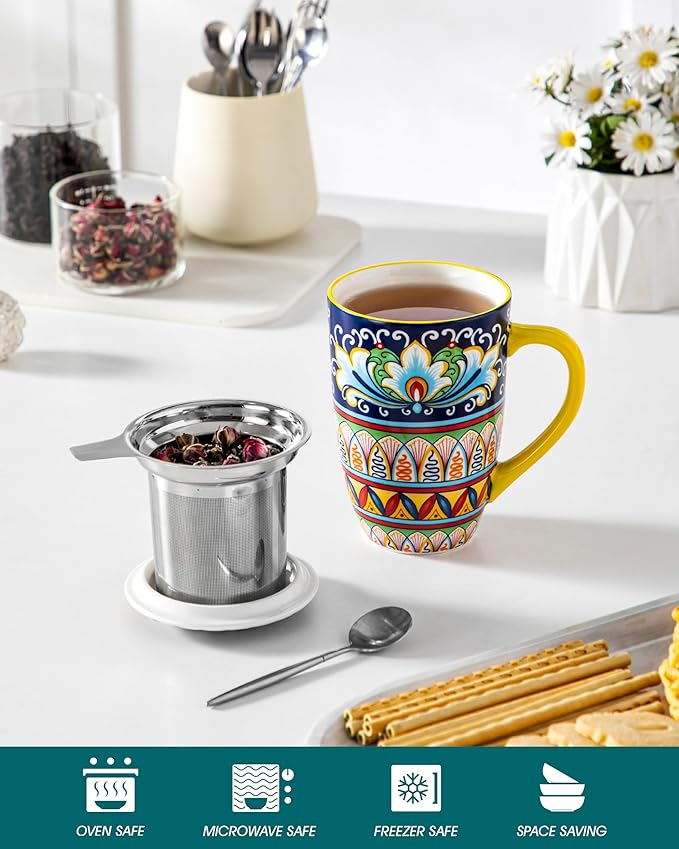 vancasso Ceramic Tea Mug with Infuser and Lid, 18 Ounce Bohemian Loose Leaf Cup, Microwave & Dishwasher Safe, Perfect for Tea, Coffee, Beige-Mustard Tribe - Image 4