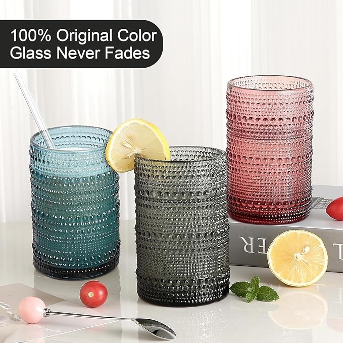 KMIGRUAN 15oz Colored Hobnail Drinking Glasses Set of 6,Vintage Kitchen Glassware, Embossed Beaded Glass Cups,Water Tumbler for Cocktail,Juice and Various Mixed Drinks - Image 2