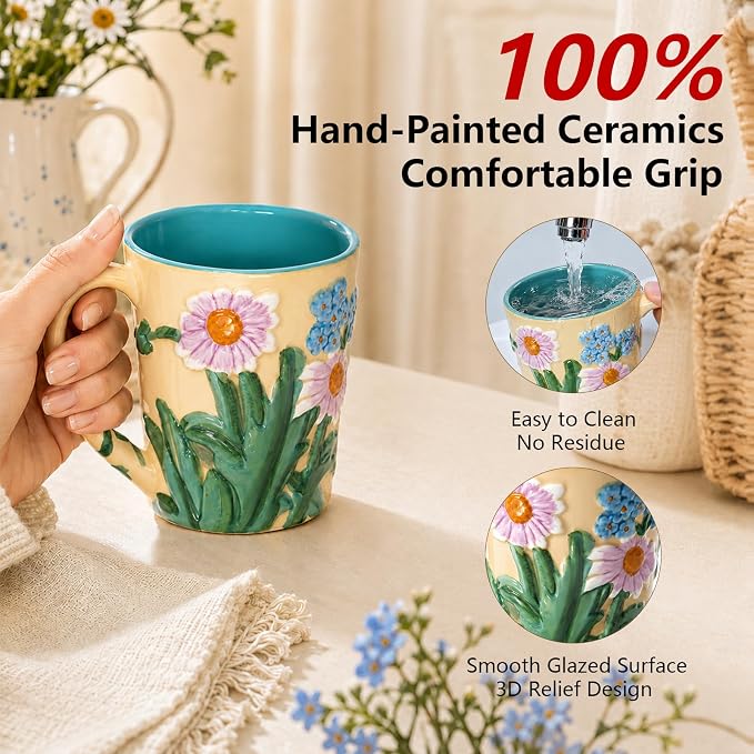 Ceramic Coffee Mug, 19 oz Large Floral Mug with Lid, Novelty Hand-Painted Mugs with Handle & Spoon, Dishwasher & Microwave Safe Cups for Coffee, Tea, Cocoa, Birthday Housewarming Wedding Gift - Beige - Image 7