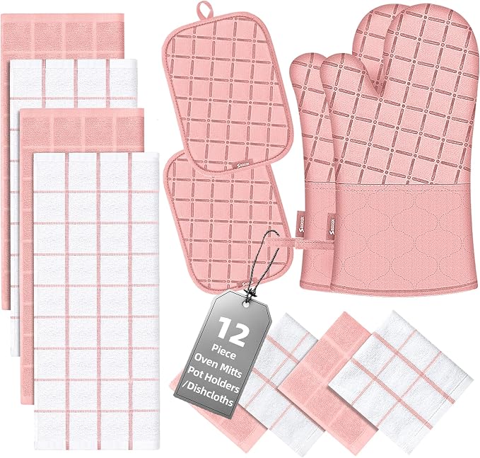 Oven Mitts Pot Holders Sets/Kitchen Towels and Dishcloths, Oven Gloves Kitchen Dish Towels 500 Degree Heat Resistant Potholders with Non-Slip Silicone Surface for Cooking, Grilling, Baking-Pink by BSKSSK
