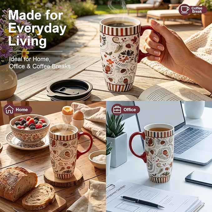 Topadorn 17oz Ceramic Travel Mug with Lid & Handle, Ceramic Coffee Mug | Woodland Forest Ceramic Coffee Mug, Nature Inspired Botanical Travel Cup, Microwave & Dishwasher Safe, Gift Box Included - Image 5
