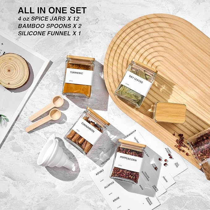 Glass Spice Jars with Bamboo Lid, 4oz Square Spice Containers for Pantry Organization, Seasoning Bottles with Labels, Spoons, Funnel for Salt Sugar - Image 3