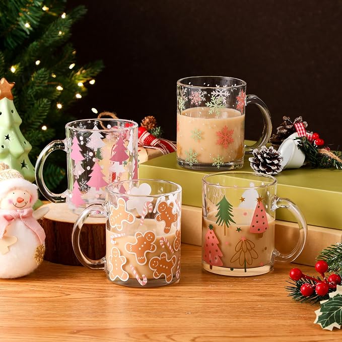 Tioncy 4 Pcs Christmas Coffee Mugs 12 oz Christmas Glass Cups with Handle Xmas Tree Gingerbread Snowflakes Coffee Cup Sweet Xmas Gifts Drinking Containers for Holiday Party - Image 2