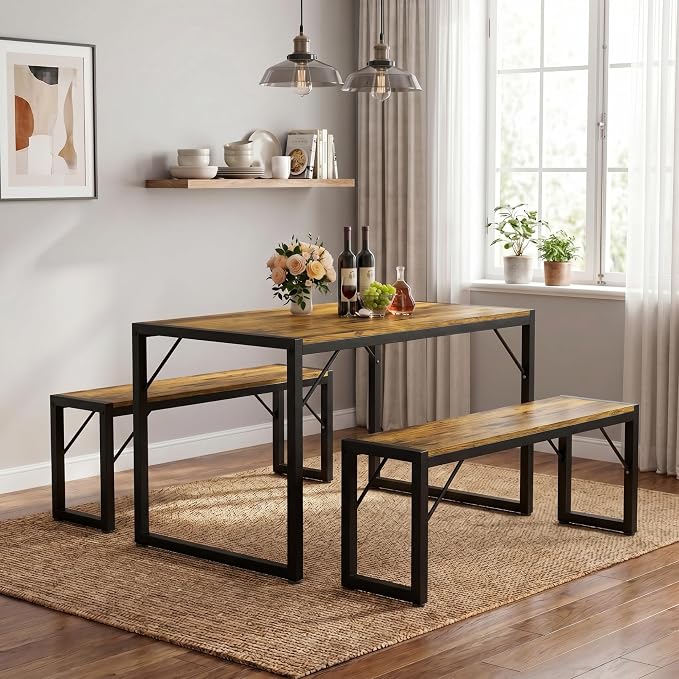 Bealife Dining Table Set for 4 with Metal Frame and MDF Board - Retro | Space Saving Kitchen Table with 2 Benches, Kitchen Table Set for Apartment, Dining Room, Breakfast Nook by Bealife