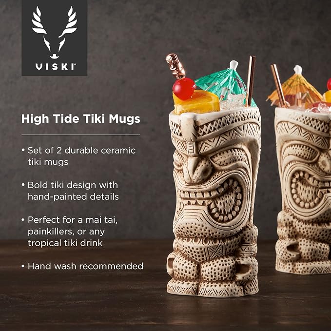 Viski High Tide Tiki Mugs - Hand Painted Ceramic Tiki Glasses for Cocktails - Tiki Barware 14.5oz Highballs Set of 2 White - Image 2