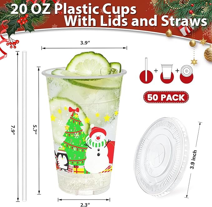Christmas 20 OZ 50 Pack Plastic Cups with Lids and Straws, Sturdy Food Safe Iced Clear Coffee Cups Disposable Smoothie Cups for Cold Drinks