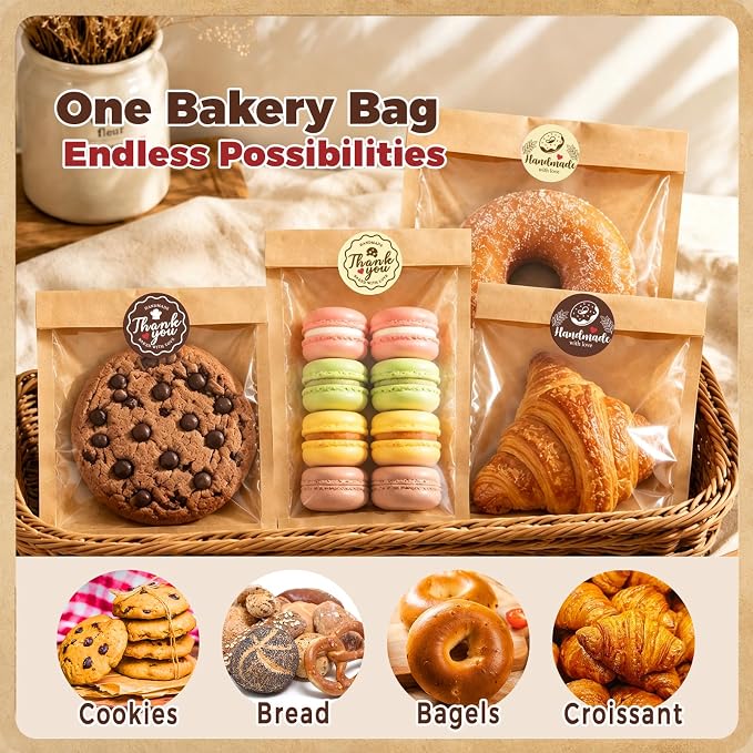 120PCS Cookie Bags with Seal, 7.1 x 7.5 Inch Cookie Packaging with Stickers | Heat Sealable & Grease Resistant Paper Bakery Bags with Window, Pastry Bags for Bake Sale Treat Scone Donut Brownie - Image 7