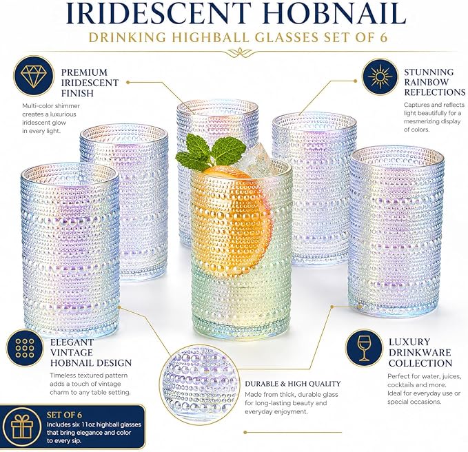 Hobnail Beaded Highball Drinking Tumbler Glasses | Set of 6 | Iridescent Pearl Vintage Bubble Design Glassware, Old-Fashioned, Embossed Design, Water, Wine, Cocktail Embossed Heavy Glass, Rocks Glass - Image 2