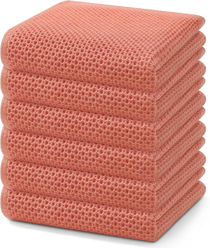 Homaxy 100% Cotton Waffle Weave Kitchen Dish Towels 6-Pack, Coral | 13 x 28 Inches, Ultra Soft Absorbent Dish Towels, Quick Drying Cleaning Towels by Homaxy