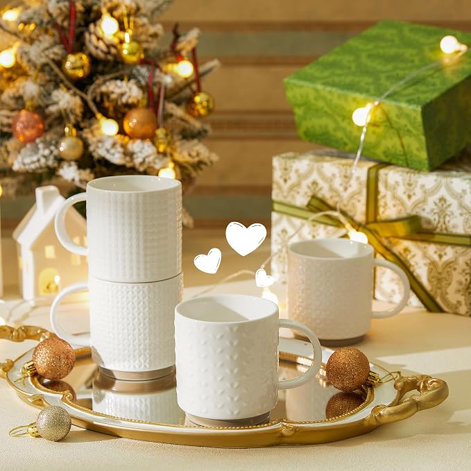 Sweese Stackable Coffee Mugs Set of 4, 10 oz Porcelain Coffee Cups with Embossed Design, White Cappuccino Cups for Coffee, Latte - Image 3