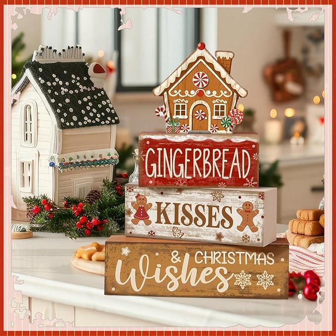 Moucuny 4 Pcs Christmas Table Decoration Gingerbread House Wooden Stacked Block Decor Gingerbread Centerpiece Block Signs Rustic Christmas Tiered Tray Decoration for Home Kitchen Coffee Bar - Image 6
