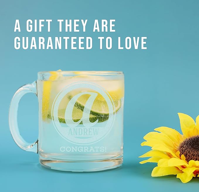 Personalized Etched Monogram 12oz Glass Coffee Mug, Bratton, Customized gifts for Her Him, Unique Monogrammed Cup Initial