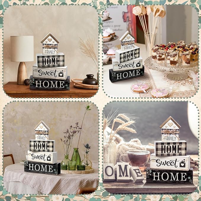 Moucuny 4 Pcs Farmhouse Table Decor Rustic Home Sweet Home Farmhouse Tiered Tray Decor Retro Wooden House Shaped Block Signs Housewarming Gifts Neutral Centerpiece for Kitchen Shelf - Image 6