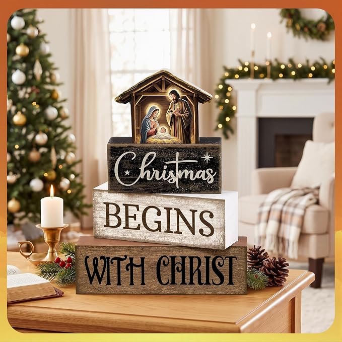 Moucuny 4 Pcs Christmas Table Decoration Christian Wooden Stacked Block Decor, Christmas Begins with Christ Signs with Nativity Scene Topper, Rustic Religious Xmas Tiered Tray Decor for Home Church - Image 6