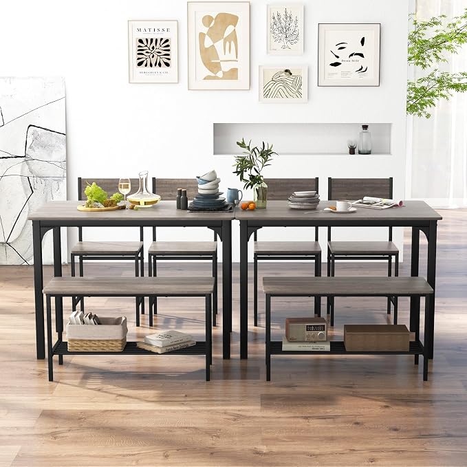 Giantex Dining Table Set for 4, Kitchen Table with Bench and Chairs, Industrial Gathering Bench Dining Set W/Metal Frame & Storage Rack, Dinette Set, Modern Functional Desk Set (Grey) - Image 2
