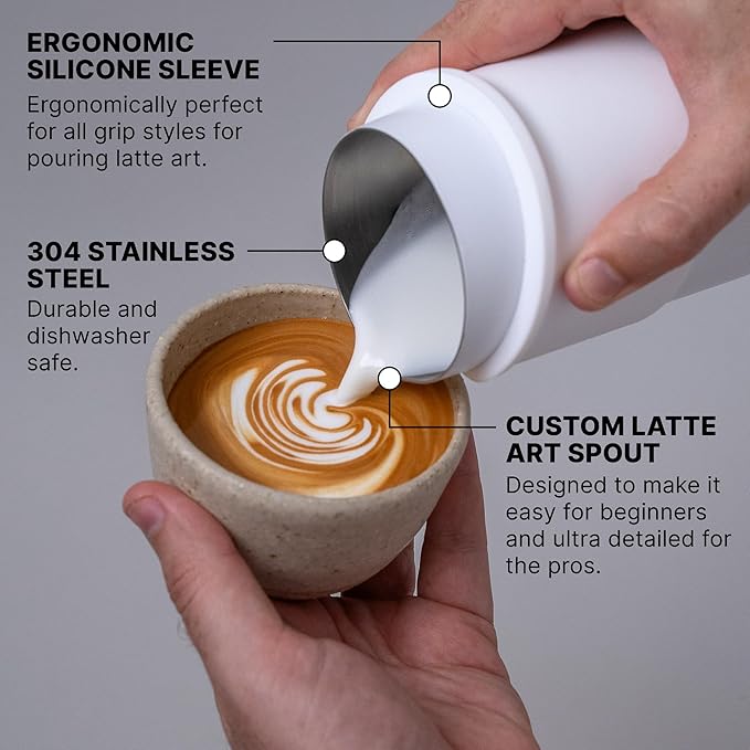 Subminimal FlowTip Handless Jug - Stovetop Milk Frothing, Foaming Pitcher for Barista-Style Coffee - Cappuccino & Latte Art Pouring Jug with Heat Resistant Handle - Coffee Lover Gifts - 450ml, White
