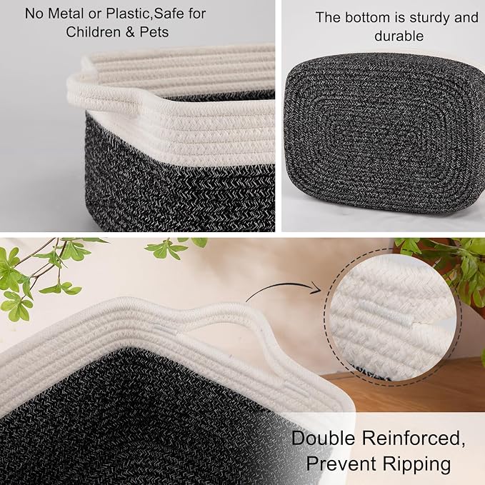 OIAHOMY 3 Pack Storage Baskets for Organizing, Woven Cotton Rope Basket for Shelves, Closet Organizer Bins with Handles, Rectangle Toy Organization, 13.78''×9.84''×5.5'', Black & White - Image 4