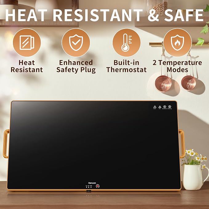 Warming Trays for Buffets Party, 32"x18", Tempered Glass Food Warmer, Black | Keep Food Warm, Gold Handles Food Warming Mat for Daily Use, With Thermostat, Button Temperature Control, Full Surface Warm - Image 5