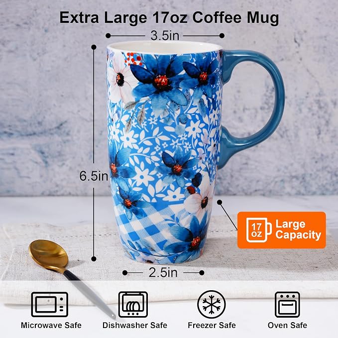 Topadorn 17oz Ceramic Travel Mug with Lid, Blue Floral Coffee Mug with Handle, Large Ceramic Travel Cup, Microwave & Dishwasher Safe, Gift Box Included - Image 2