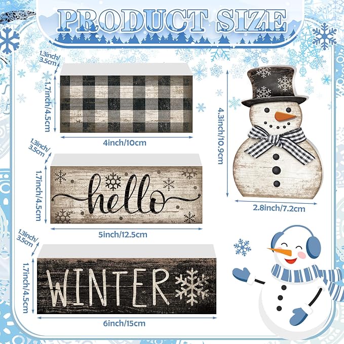 Moucuny 4 Pcs Snowman Christmas Decor Winter Table Decorations Christmas Tiered Tray Decor Winter Centerpiece Decorations Indoor Rustic Wooden Snowman Block Sign Gift Farmhouse for Home Kitchen Shelf - Image 2