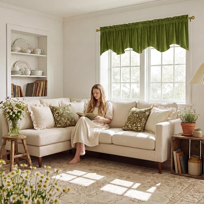 Olive Green Valance for Windows Home Decor 52x18 Inch 1 Panel | Muted Wavy Green Velvet Window Treatment, Privacy Rod Pocket Short Curtains for Kitchen, Living Room - Image 3