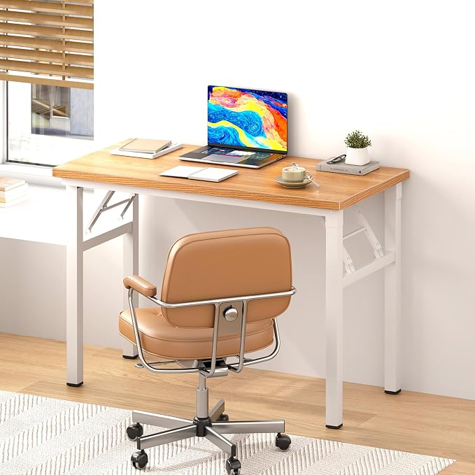 DlandHome 31.5 Inch Small Folding Computer Desk for Home Office, Teak White | Foldable Writing Table for Small Spaces Bedroom, No Assembly Required, Wood Top Metal Frame, Collapsible Compact Easy Storage - Image 2