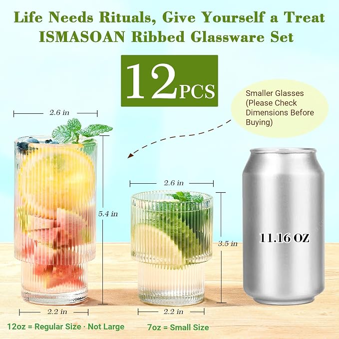 ISMASOAN Small Ribbed Glassware Set of 12, Glass Cups Fluted 12 oz & 7 oz | Stackable Glasses cup set for kitchen use in a gift box. Ideal for water, juice, iced coffee and everyday drinks - Image 2