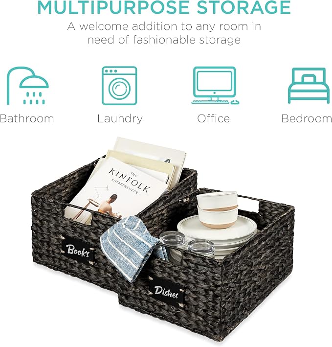Best Choice Products Pantry Baskets Set of 2 16x12in Water Hyacinth Storage Baskets, Woven Wicker Kitchen Organizers with handles w/Chalkboard Label Chalk Marker - Black - Image 6