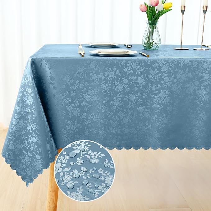 Smiry Rectangle Waterproof Heavy Duty Vinyl Tablecloths, 60 x 140 Inch | Wipeable Washable Floral Embossed Table Cover for Kitchen and Dining Room, Indoor & Outdoor Use, Stone Blue - Image 3