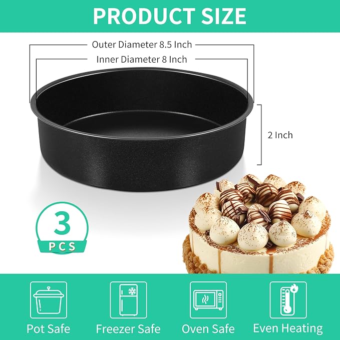 P&P CHEF 8 Inch Cake Pan Set of 3, Non-Stick Round Cake Pans | Round Cake Tins for Tier Smash Cakes, Baking Pans Set & Essential Bakeware, Stainless Steel Core & Leak-Proof - Image 2