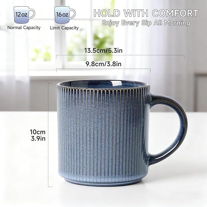 MONITO 16Oz Coffee Mugs Set of 6, Rustic Ceramic Coffee Cups Set with Large Handle, Vintage Striped Stoneware Coffee Mugs for Latte, Cocoa, Tea, Milk, Microwave & Dishwasher Safe, Deep Blue - Image 2