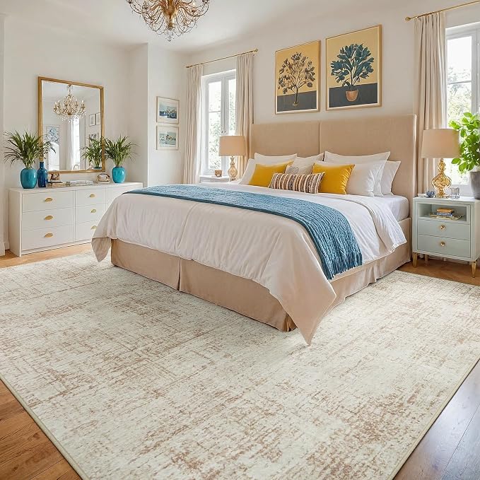 10x12 Area Rug for Living Room Bedroom: Non-Slip Modern Beige White | Machine Washable TPR Backing, Stain-Resistant Low Pile, Pet & Kid Friendly, Abstract Decor for Dining Room, Dorm, Home Office - Image 2