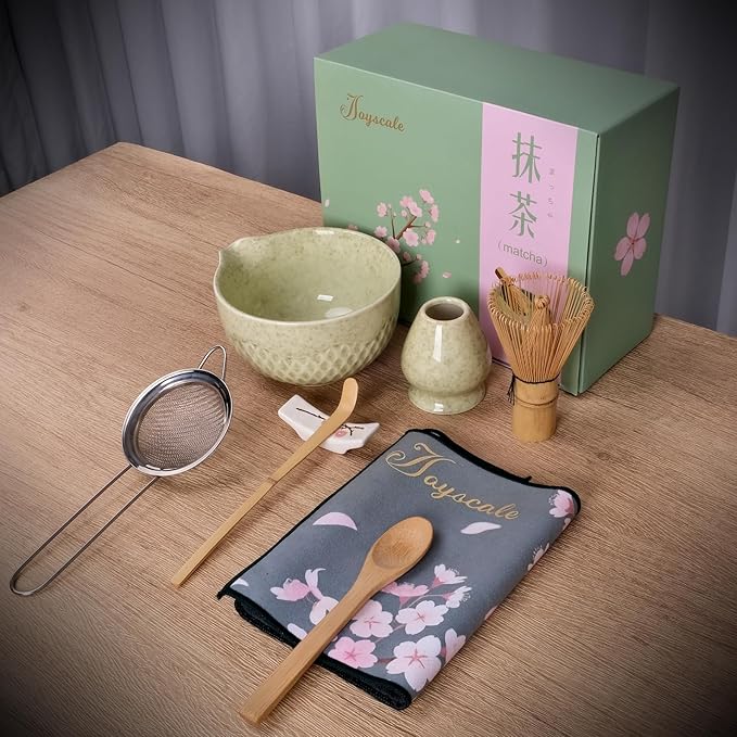 Joyscale Matcha Whisk Set, Matcha Set Whisk And Bowl, 8 Pcs Matcha Kit Set(Texture Design), 16 OZ, Japanese Matcha Tea Set, Matcha Making Kit Gifts for Tea Lovers(Macha Green)