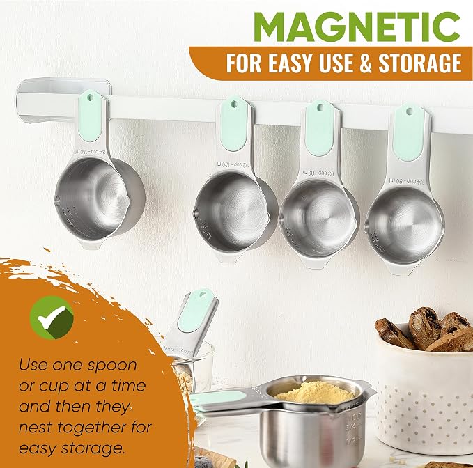 Spring Chef Magnetic Measuring Cups & Spoons Set of 15, Patented, Mint | Stackable Stainless Steel Measuring Cups & Heavy Duty Metal Measuring Spoons with Levelers for Dry & Liquid Ingredients - Image 4