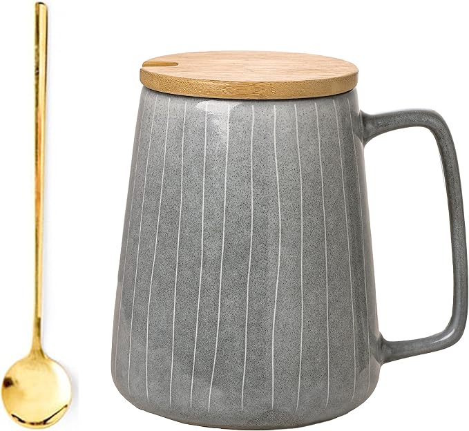 Large Ceramics Coffee Mugs,with Spoon and Wooden Lid,for Coffee,Tea,Cocoa,Large Handle Design,Microwave Dishwasher Safe (Gray Set) by Ceraozmus