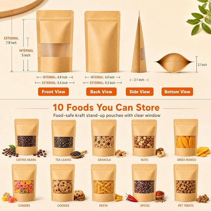 100 Pcs Kraft Paper Bags with Window, 5.5" x 7.9" Stand Up Pouches Bags, Food Storage Bags for Packaging Products, Reusable, Sealable - Image 2