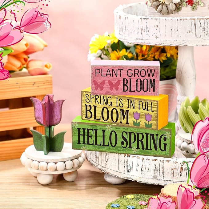 Moucuny 4 Pcs Spring Table Decoration Wooden Stacked Block Decor with Tulip Topper Spring Easter Tiered Tray Decor Platel Flower Table Centerpieces for Easter Party, Living Room, Kitchen - Image 2