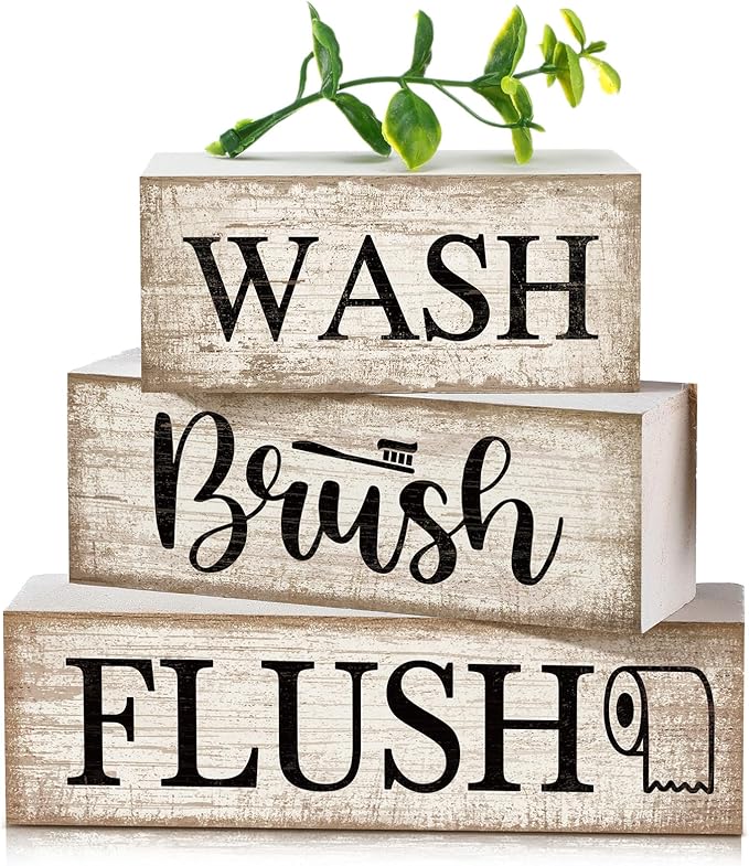 Moucuny 4 Pcs Farmhouse Bathroom Decor and Accessories Rustic Bathroom Shelf Decor Sign Set "wash/brush/flush" Farmhouse Eucalyptus Leaves Wood Block Signs for Toilet Vanity Countertop Home Decoration by Moucuny