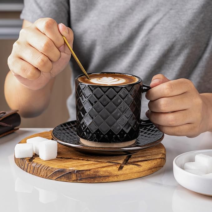GBhome 6 OZ Stackable Coffee Mugs Set of 4, Ceramic Espresso Coffee Cups | Coffe Cups With Saucer and Stand, Dishwasher&Microwave Safe, 4 Assorted Designs - Image 6