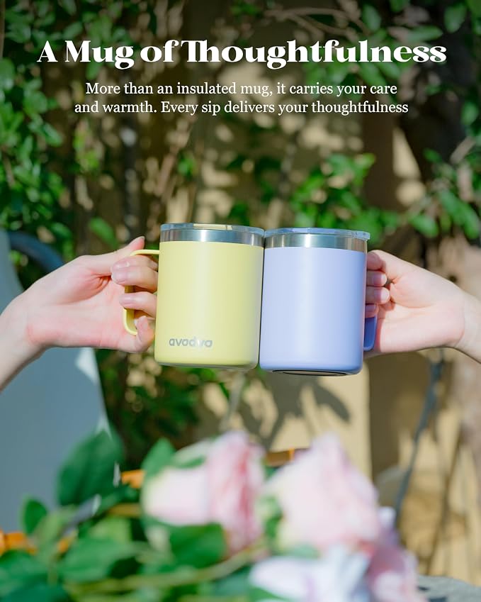 12oz Insulated Coffee Mug with Lid – Includes Two Lids, Stainless Steel Coffee Travel Mug with Handle, Double Wall Vacuum Insulated Camping Mug for Home, Office & Outdoor, Yellow - Image 8