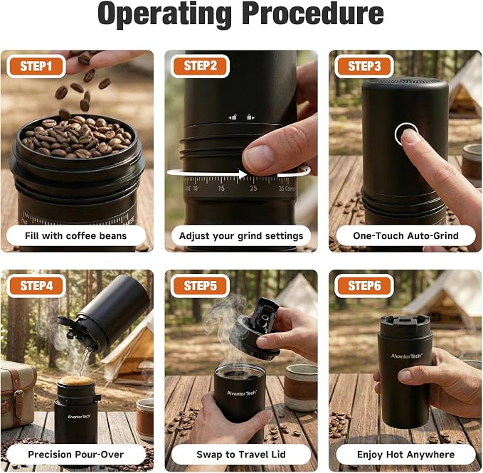 2-in-1 Portable Electric Burr Coffee Grinder - Grind & Brew, 38 Adjustable Settings, Ceramic Alloy Burrs, Rechargeable, with Cups, Filter & Lid for Home, Travel & Camping - Image 7