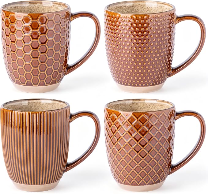 GBhome Large Coffee Mugs Set of 4, 16oz Handmade Embossed Coffee Mugs Set with Large Handle for Cappuccino/Latte/Tea/Hot Cocoa, Dishwasher & Microwave Safe, Caramel by GBhome