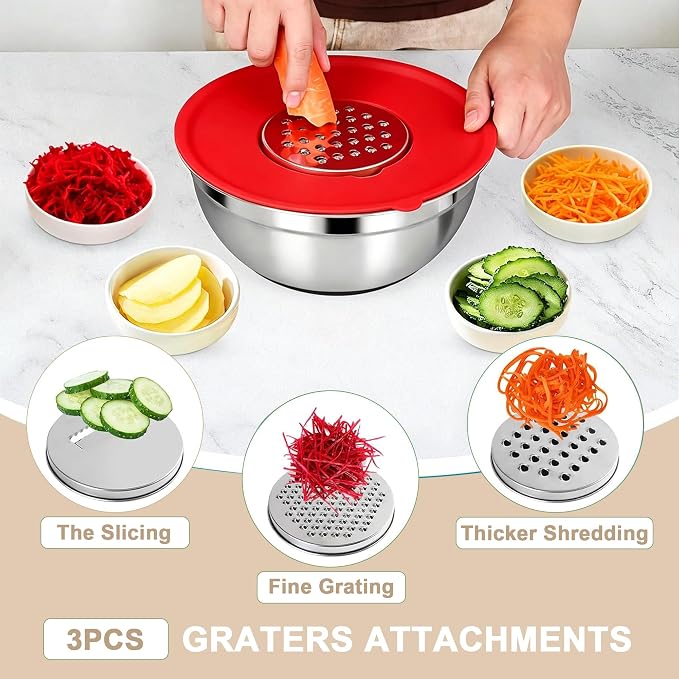 20-Piece Mixing Bowls Set with Airtight Lids – 6 Stainless Steel Kitchen Bowls (4.5QT, 4QT, 3.5QT, 2.1QT, 1.5QT, 1.1QT), 3 Grater Attachments, Non-Slip Silicone Bottoms, Perfect for Baking & Serving - Image 4