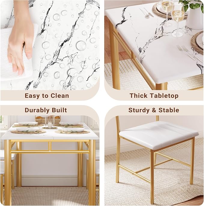 IRONCK Dining Table Set for 4, White & Gold | Wood Kitchen Table with Upholstered Chairs for Kitchen Room and Small Spaces - Image 6