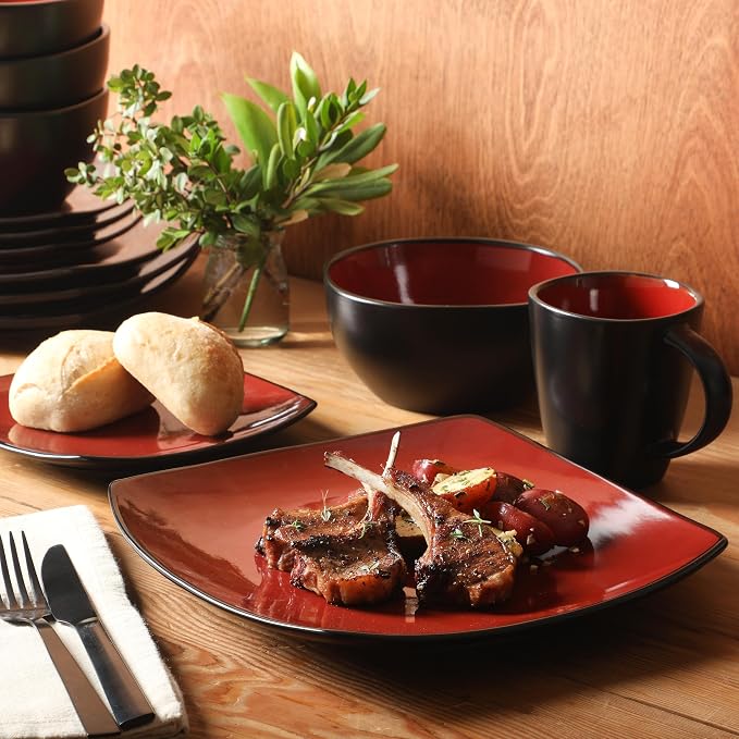Gibson Elite Soho Lounge Square 16-Piece Dinnerware Set, Service for 4, Reactive Glaze Stoneware Plates and Bowls, Modern Dishes, Microwave & Dishwasher Safe – Red and Black - Image 6