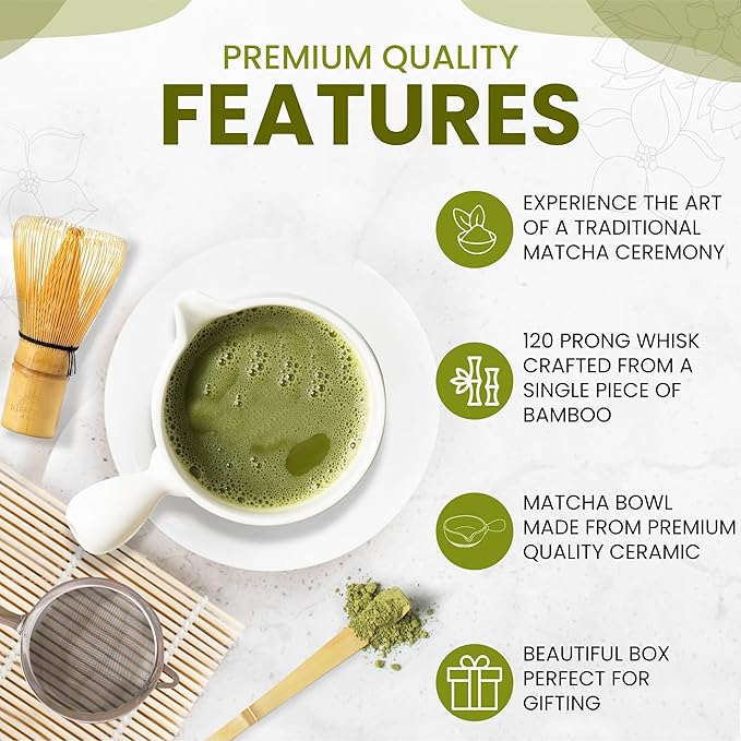 HAPPY PATH & CO Matcha Whisk Set – 6 Pcs Matcha Tea Set Includes Bamboo Whisk(Chasen) with Holder, Bowl with Spout,Sifter,Scoop & Stand | White Matcha Making Kit - Perfect Matcha Set for Matcha Lovers