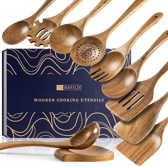 Wooden Spoons for Cooking, 11-Piece Acacia Wood Utensil Gift Set | Spoons and spatulas stir, mix, flip and serve; gift-ready box makes it ideal for housewarmings, weddings and new kitchens. by HEFILD