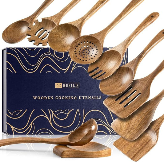 Wooden Spoons for Cooking, 11-Piece Acacia Wood Utensil Gift Set | Spoons and spatulas stir, mix, flip and serve; gift-ready box makes it ideal for housewarmings, weddings and new kitchens. by HEFILD
